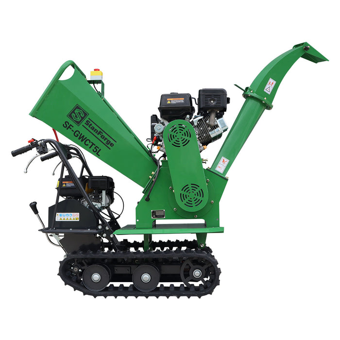 Déchiqueteuse à bois sur chenilles StanForge de 5 po, deux moteurs à essence (15 HP et 6,5 HP), déflecteur d'évacuation réglable, châssis robuste, SF-GWCT5L