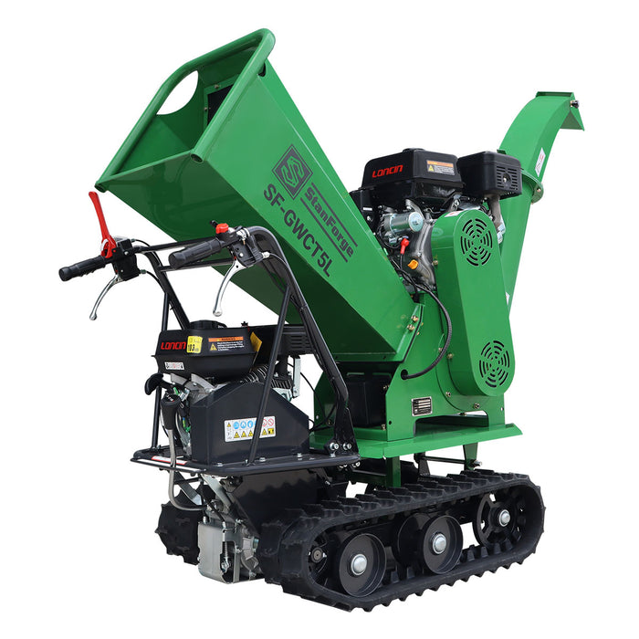 Déchiqueteuse à bois sur chenilles StanForge de 5 po, deux moteurs à essence (15 HP et 6,5 HP), déflecteur d'évacuation réglable, châssis robuste, SF-GWCT5L