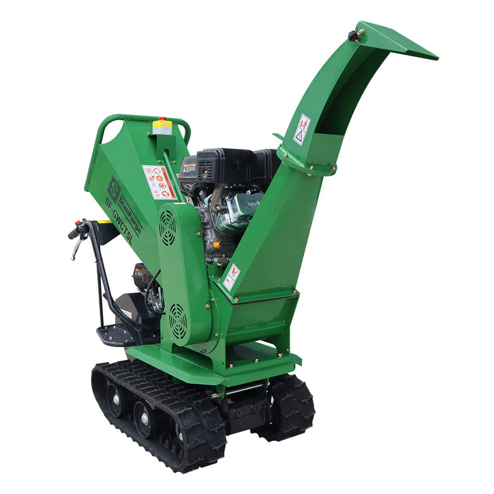 Déchiqueteuse à bois sur chenilles StanForge de 5 po, deux moteurs à essence (15 HP et 6,5 HP), déflecteur d'évacuation réglable, châssis robuste, SF-GWCT5L