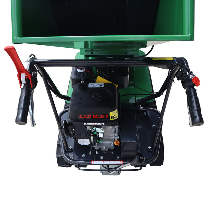 Déchiqueteuse à bois sur chenilles StanForge de 5 po, deux moteurs à essence (15 HP et 6,5 HP), déflecteur d'évacuation réglable, châssis robuste, SF-GWCT5L