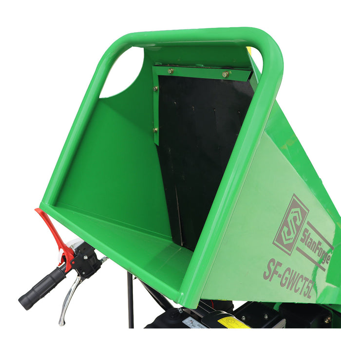 Déchiqueteuse à bois sur chenilles StanForge de 5 po, deux moteurs à essence (15 HP et 6,5 HP), déflecteur d'évacuation réglable, châssis robuste, SF-GWCT5L