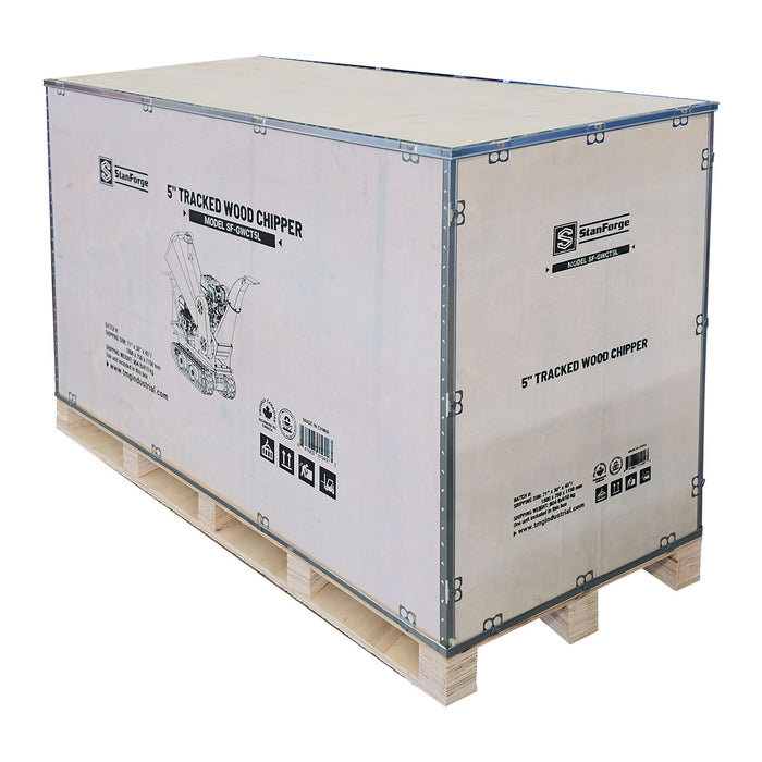 Déchiqueteuse à bois sur chenilles StanForge de 5 po, deux moteurs à essence (15 HP et 6,5 HP), déflecteur d'évacuation réglable, châssis robuste, SF-GWCT5L