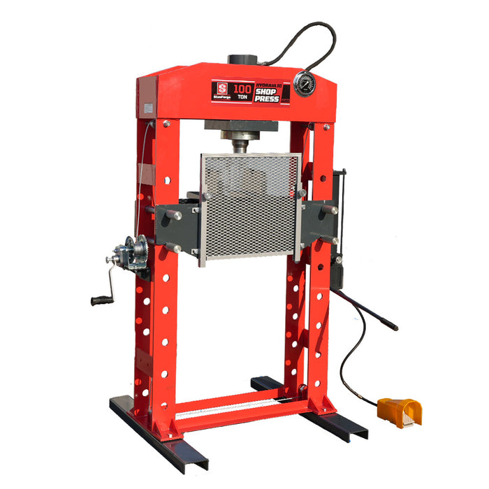 100 Ton Capacity Hydraulic Shop Press, Heavy Duty Pressing, Protective Grid Guard, Fully Welded H-Frame, Air & Manual Dual Operation, SF-SP100A