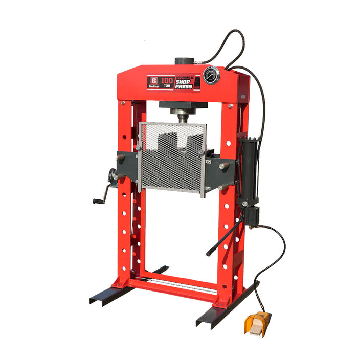 100 Ton Capacity Hydraulic Shop Press, Heavy Duty Pressing, Protective Grid Guard, Fully Welded H-Frame, Air & Manual Dual Operation, SF-SP100A