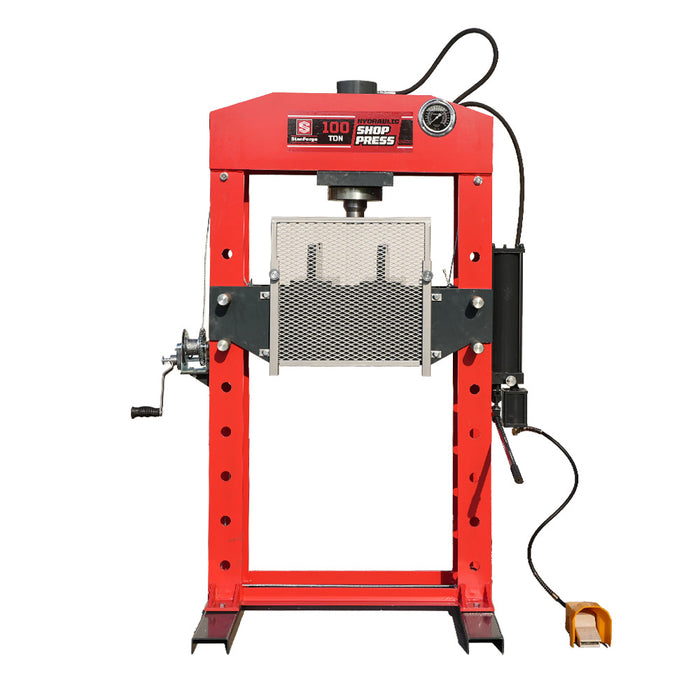 100 Ton Capacity Hydraulic Shop Press, Heavy Duty Pressing, Protective Grid Guard, Fully Welded H-Frame, Air & Manual Dual Operation, SF-SP100A
