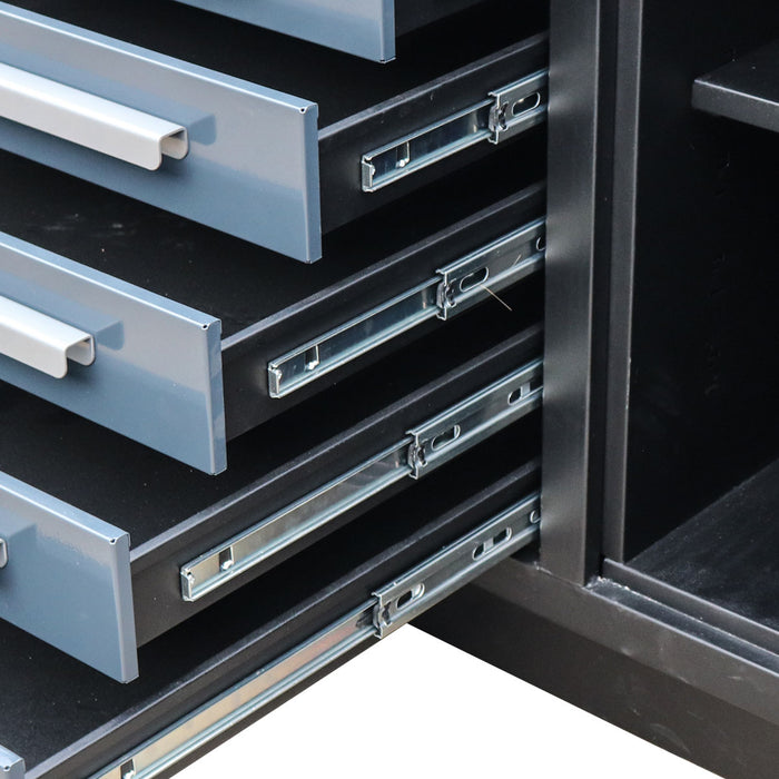 StanForge 10’ Steel Tabletop Workbench, 18 Slide Drawers, 2 side cabinets, All-in-one Welded Frame, SF-SWB18