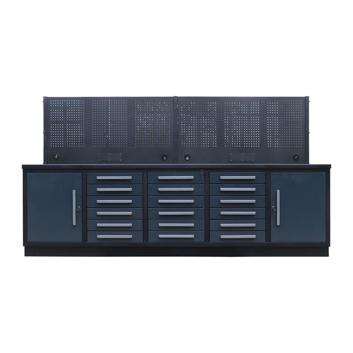 StanForge10’ Steel Tabletop Workbench with Pegboard, 18 Slide Drawers, 2 side cabinets, All-in-one Welded Frame, SF-SWB18P