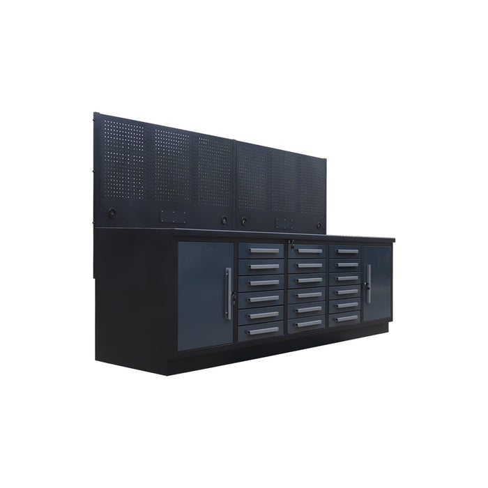 StanForge10’ Steel Tabletop Workbench with Pegboard, 18 Slide Drawers, 2 side cabinets, All-in-one Welded Frame, SF-SWB18P