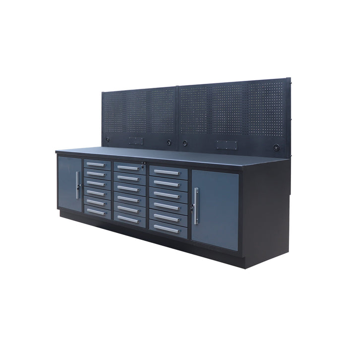 StanForge10’ Steel Tabletop Workbench with Pegboard, 18 Slide Drawers, 2 side cabinets, All-in-one Welded Frame, SF-SWB18P