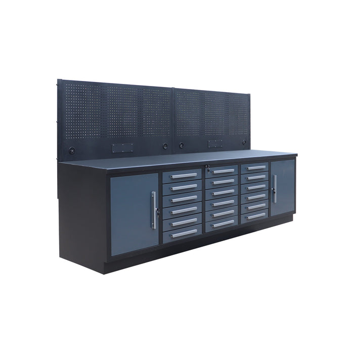 StanForge10’ Steel Tabletop Workbench with Pegboard, 18 Slide Drawers, 2 side cabinets, All-in-one Welded Frame, SF-SWB18P