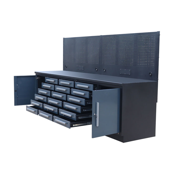 StanForge10’ Steel Tabletop Workbench with Pegboard, 18 Slide Drawers, 2 side cabinets, All-in-one Welded Frame, SF-SWB18P