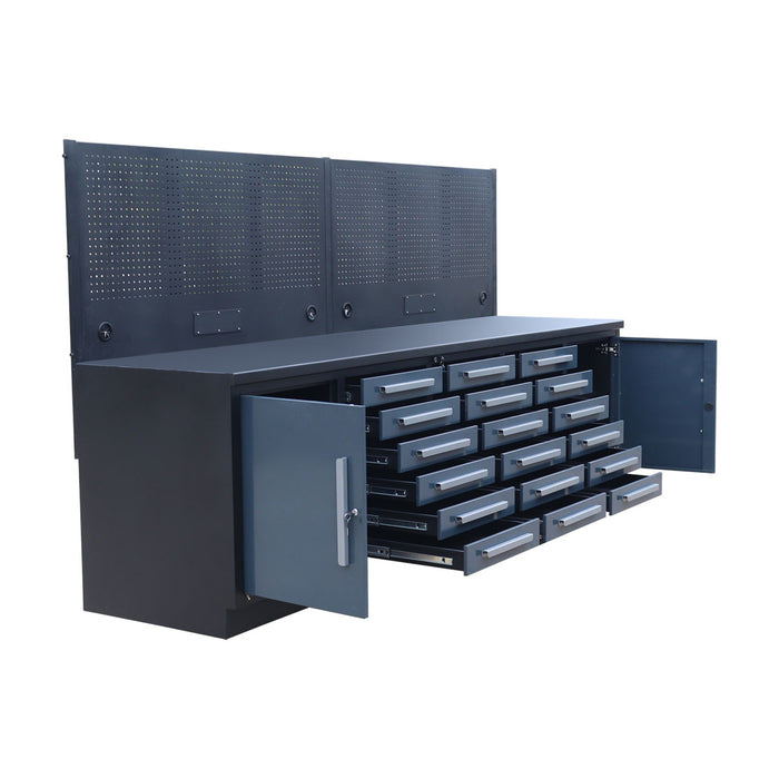StanForge10’ Steel Tabletop Workbench with Pegboard, 18 Slide Drawers, 2 side cabinets, All-in-one Welded Frame, SF-SWB18P