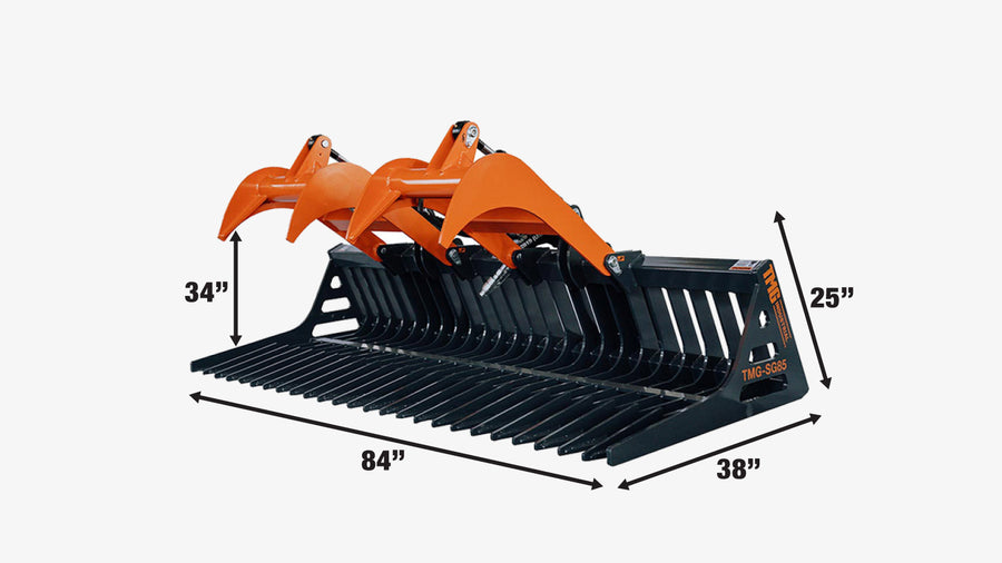 84" Skid Steer Skeleton Grapple Attachment, Universal Mount, 34" Arm Opening, 3" Tine Spacing, 2600 lb Weight Capacity, TMG-SG85