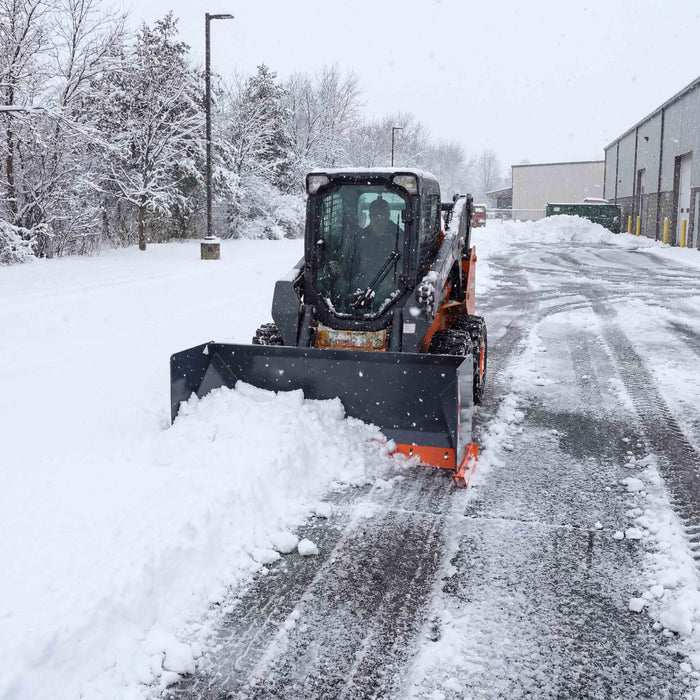 6' Skid Steer Snow Pusher with Replaceable Steel Cutting Edge, Pivoting Wear Shoes, Side Braces, 30-70 HP, TMG-SP06