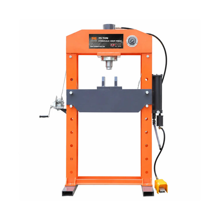 75 Ton Capacity Hydraulic Shop Press, Heavy Duty Pressing, Fully Welded H-Frame, Air & Manual Dual Operation, TMG-SP75