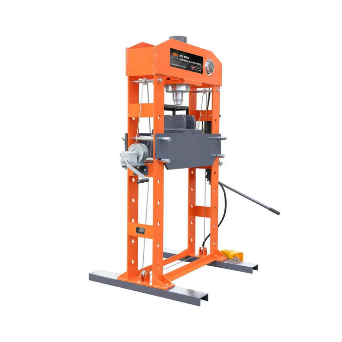 75 Ton Capacity Hydraulic Shop Press, Heavy Duty Pressing, Fully Welded H-Frame, Air & Manual Dual Operation, TMG-SP75