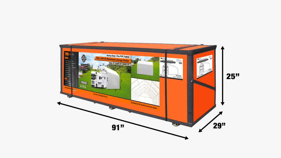 15' x 25' RV Carport Motorhome Storage Shelter, 17 oz PVC Fabric Cover, Front Roll-Up Door, Enclosed Rear Wall, 3-Layer Galvanized Steel Frame, 10' Straight Sidewalls, TMG-ST1525