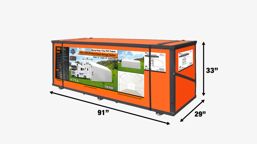 TMG Industrial 15' x 35' Abri de rangement pour camping-car/camping-car, couverture en tissu PVC 17 oz, porte avant à enroulement, paroi arrière fermée, cadre en acier galvanisé à 3 couches, parois latérales droites 10', TMG-ST1535