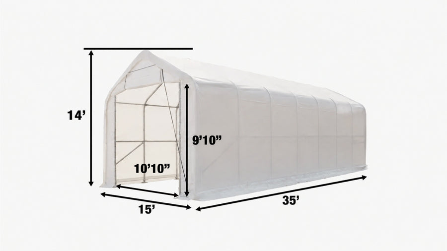 TMG Industrial 15' x 35' Abri de rangement pour camping-car/camping-car, couverture en tissu PVC 17 oz, porte avant à enroulement, paroi arrière fermée, cadre en acier galvanisé à 3 couches, parois latérales droites 10', TMG-ST1535