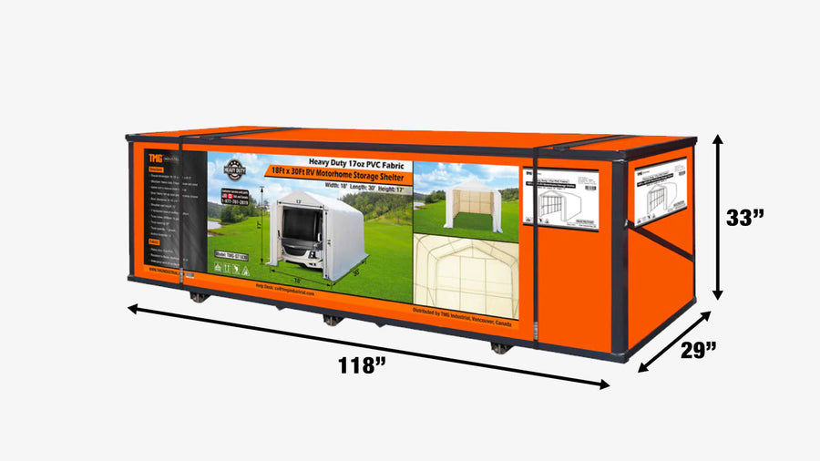 18' x 30' RV Carport Motorhome Storage Shelter, 17 oz PVC Fabric Cover, Front Roll-Up Door, Enclosed Rear Wall, 3-Layer Galvanized Steel Frame, 13' Straight Sidewalls, TMG-ST1830