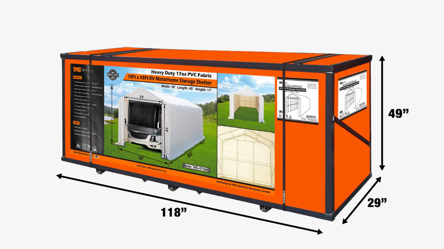 18' x 45' RV Carport Motorhome Storage Shelter, 17 oz PVC Fabric Cover, Front Roll-Up Door, Enclosed Rear Wall, 3-Layer Galvanized Steel Frame, 13' Straight Sidewalls, TMG-ST1845