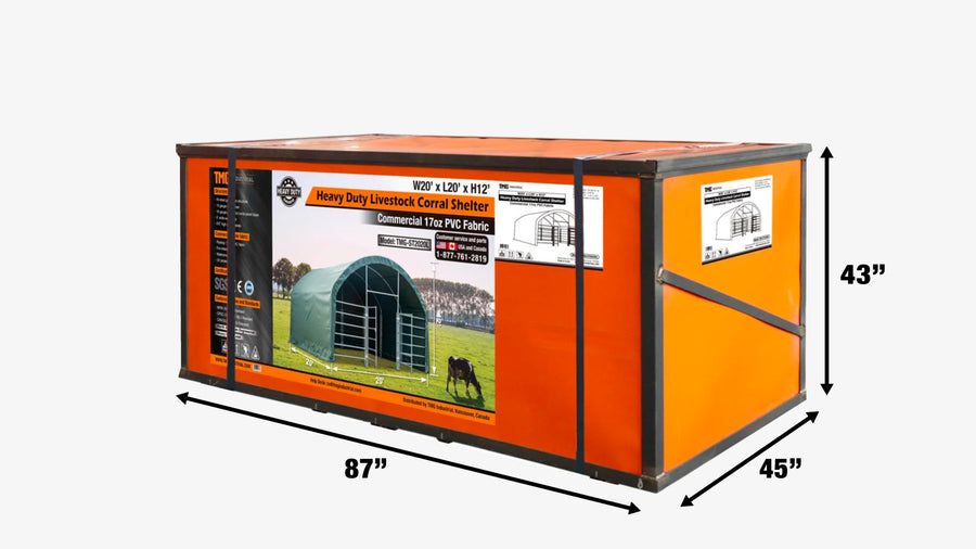 TMG Industrial 20' x 20' Abri de corral pour bétail, structure enduite de poudre, toit en dôme de 12', revêtement en tissu PVC vert militaire de 17 oz, panneaux de corral à 6 barres, porte pivotante avant de 5', TMG-ST2020L