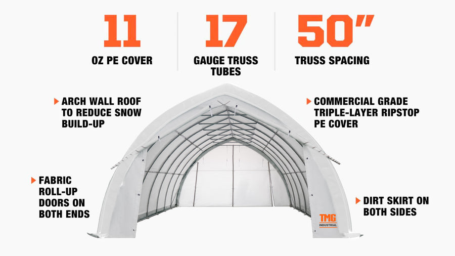 20' x 30' Arch Wall Peak Ceiling Storage Shelter with Heavy Duty 11 oz PE Cover & Drive Through Doors, TMG-ST2031P (Previously ST2030P) (Discontinued, No Longer Available)