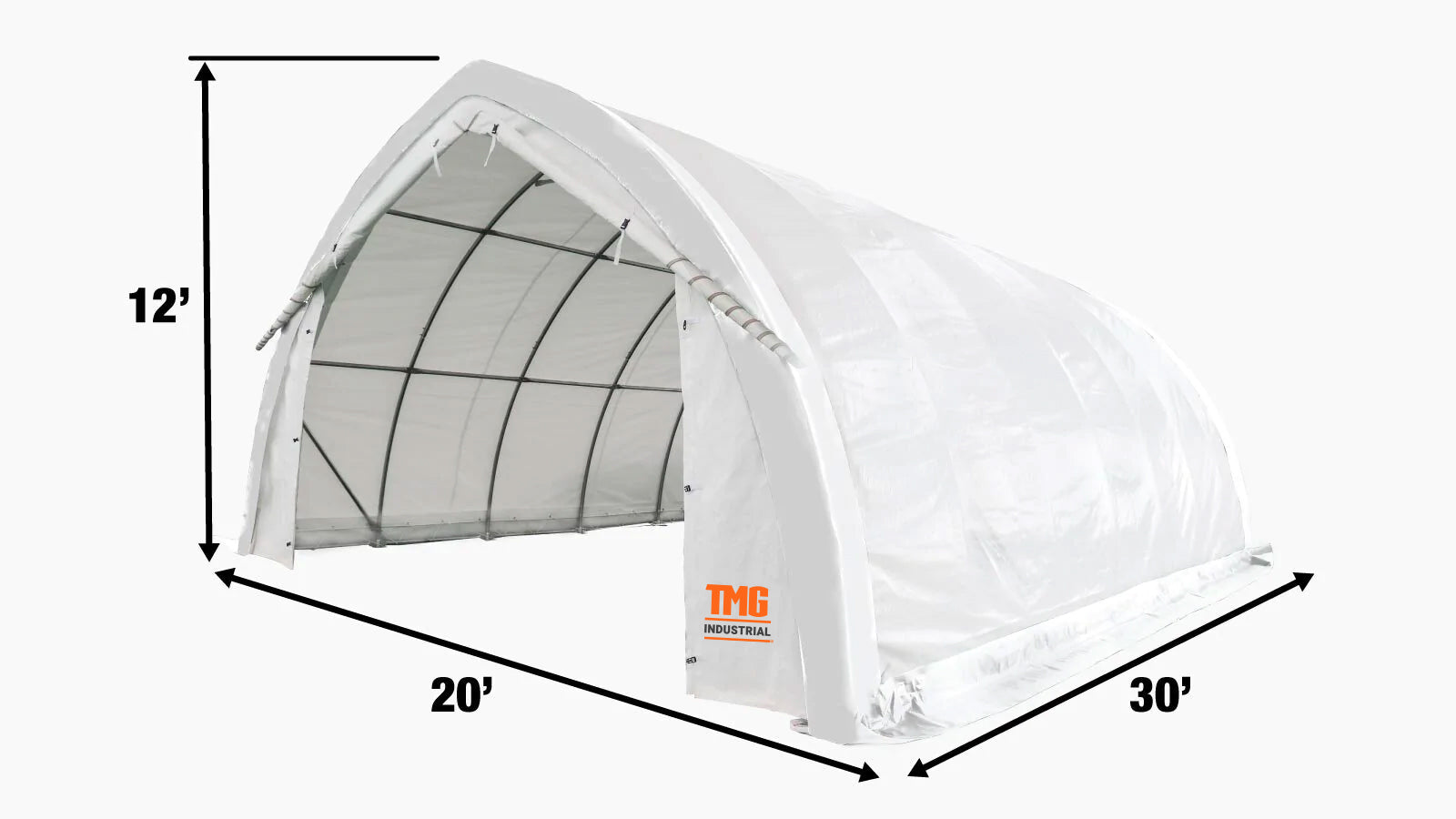 TMG Industrial 20' x 30' Arch Wall Peak Ceiling Storage Shelter with Heavy Duty 11 oz PE Cover & Drive Through Doors, TMG-ST2031P (Previously ST2030P)-specifications-image