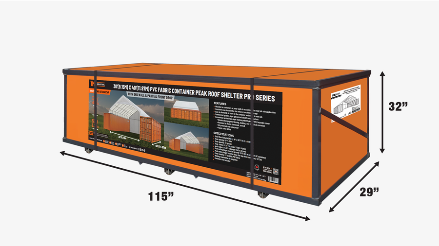 30' x 40' PVC Fabric Container Shelter, Peak Roof, with End Wall & Partial Front Drop, TMG-ST3042CVF (Previously ST3041CVF)