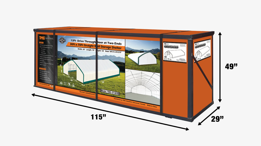 30' x 70' Straight Wall Peak Ceiling Storage Shelter with Heavy Duty 11 oz PE Cover & Drive Through Doors, (Discontinued – No Longer Available) TMG-ST3070E(Previously ST3070)