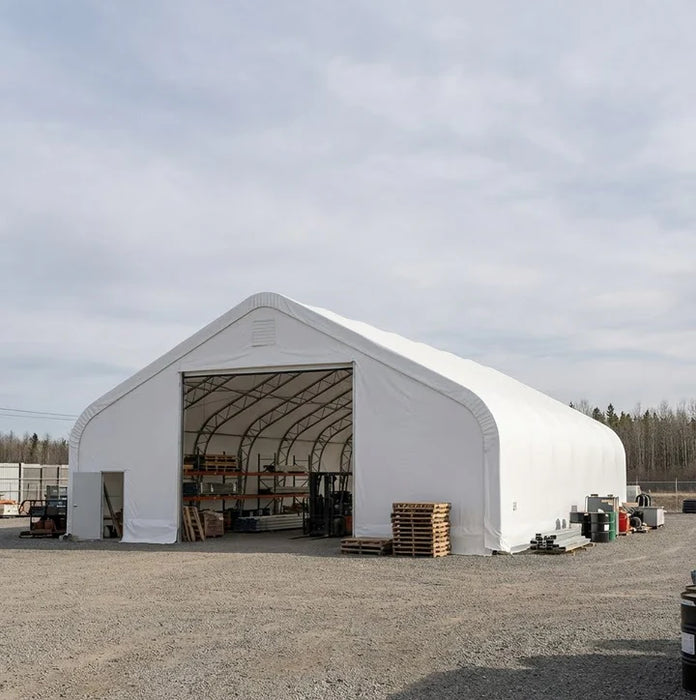 Snow Series 50' x 100' dual truss storage shelter with 25 PSF snow load, TMG-DT50100-SR25