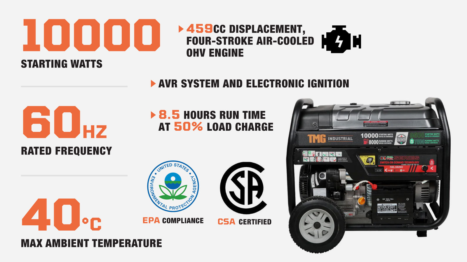 TMG Industrial 10 000 W Générateur de carburant double (essence et GPL) avec démarrage électrique, 8,5 heures de fonctionnement, TMG-10000GED-description-image