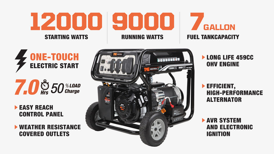 12,000 Watt Gasoline Generator, Electric Start, 7-Hour Run Time, 120V/240VAC, TMG-12000GE