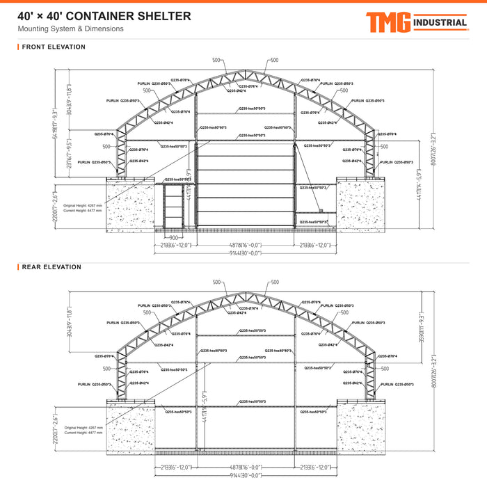 Snow Series™ 40' x 40' Dual Truss Container Shelter, 60 PSF Snow Load Rated, Engineering Drawing, Heavy Duty 32 oz PVC Cover, Custom Project TMG-DTE4040CU-SR60