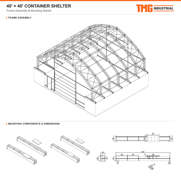 Snow Series™ 40' x 40' Dual Truss Container Shelter, 60 PSF Snow Load Rated, Engineering Drawing, Heavy Duty 32 oz PVC Cover, Custom Project TMG-DTE4040CU-SR60