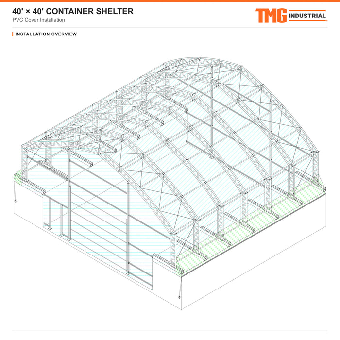 Snow Series™ 40' x 40' Dual Truss Container Shelter, 60 PSF Snow Load Rated, Engineering Drawing, Heavy Duty 32 oz PVC Cover, Custom Project TMG-DTE4040CU-SR60