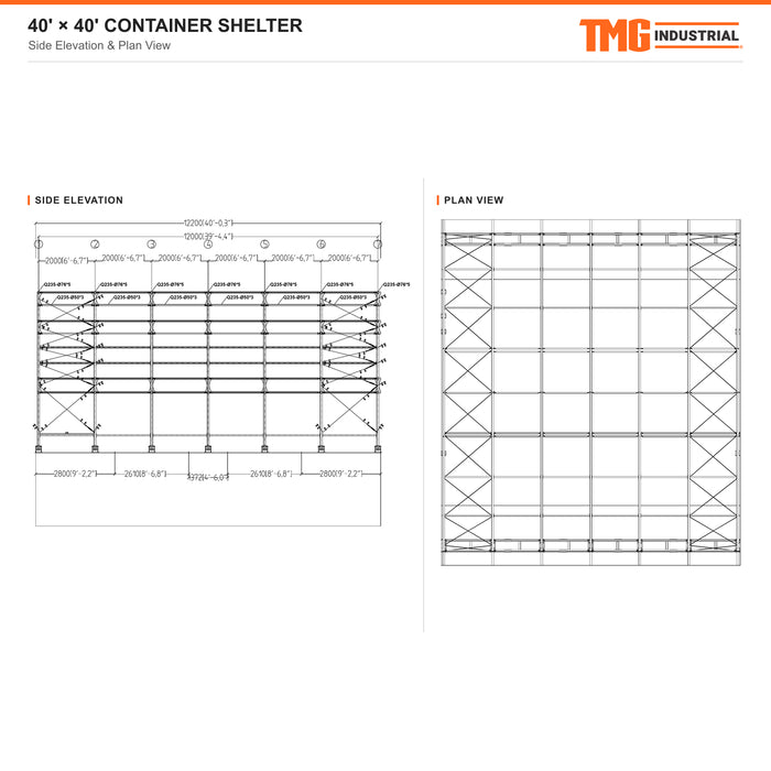 Snow Series™ 40' x 40' Dual Truss Container Shelter, 60 PSF Snow Load Rated, Engineering Drawing, Heavy Duty 32 oz PVC Cover, Custom Project TMG-DTE4040CU-SR60