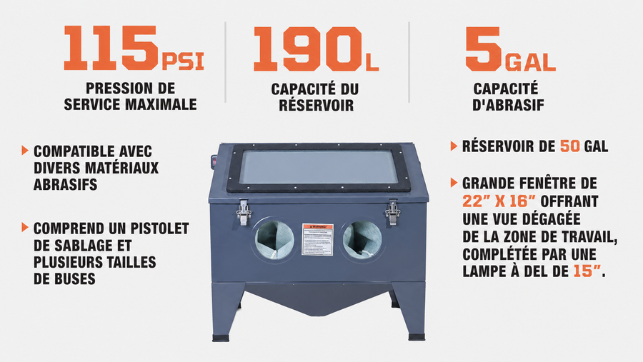TMG Industrial Sableuse de table de 50 gallons avec fenêtre de visualisation, 115 PSI, 15 CFM, TMG-ABC50