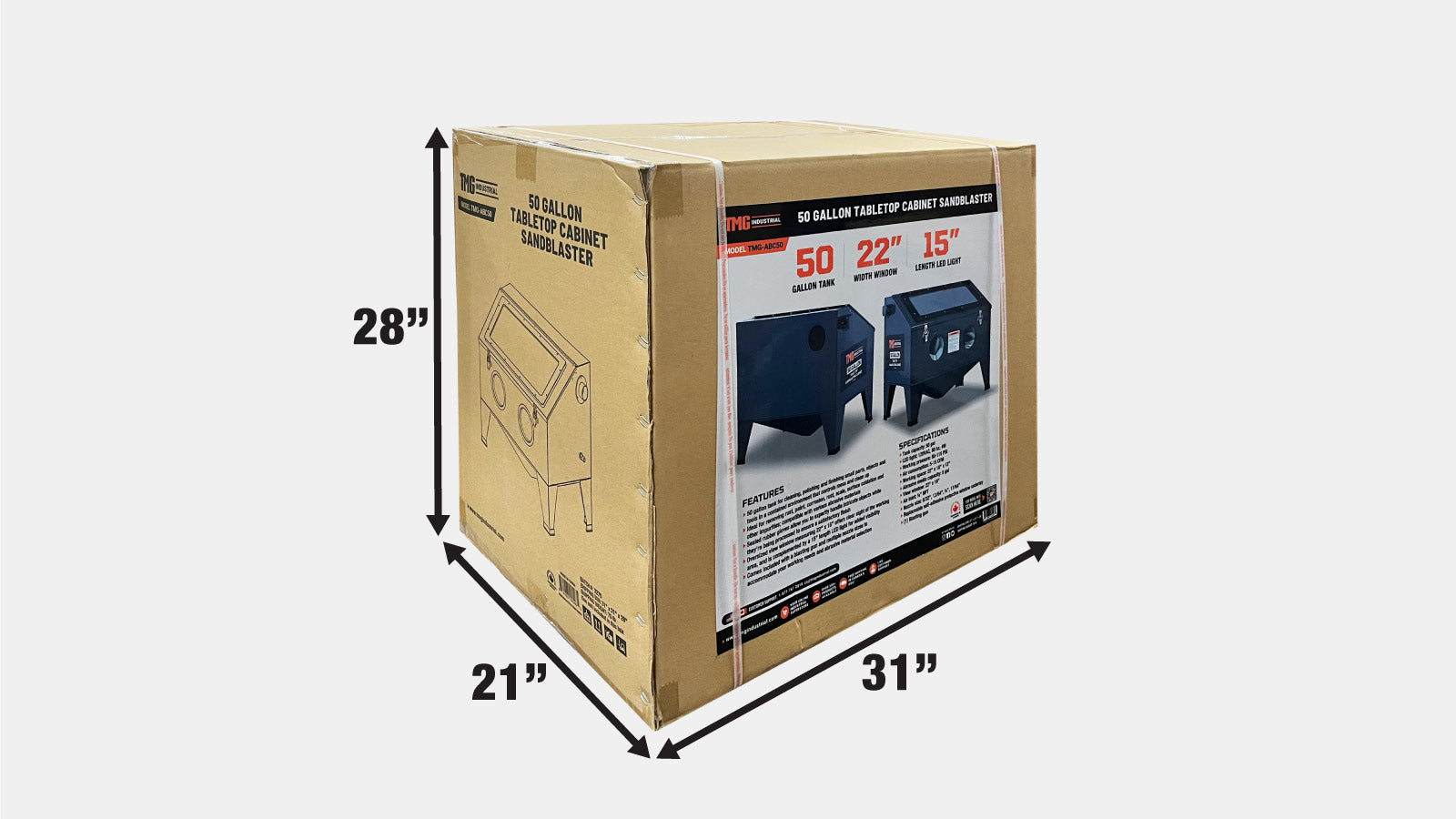 TMG Industrial 50 Gallon/190L Top-Open Bench Top Abrasive Sandblaster w/View Window, 115 PSI, 15 CFM, TMG-ABC50-shipping-info-image