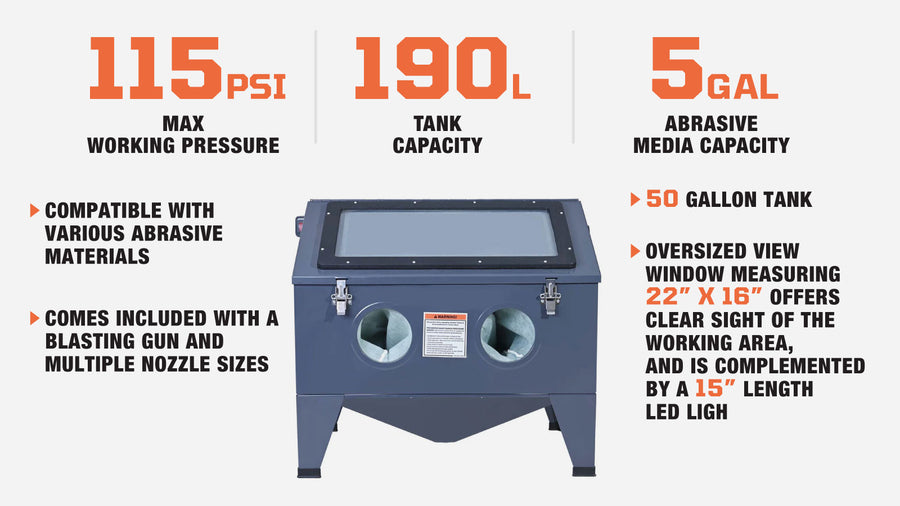 50 Gallon/190L Top-Open Bench Top Abrasive Sandblaster w/View Window, 115 PSI, 15 CFM, TMG-ABC50