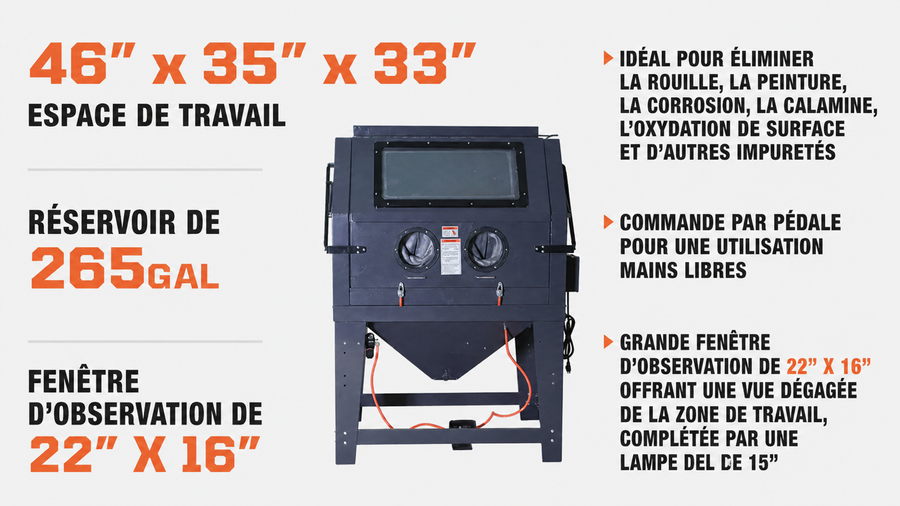 Sableuse commerciale à cabine de 265 gal/990 L, système de filtration sous vide, grande fenêtre d’observation, 125 PSI, 24 CFM, TMG-ABC99