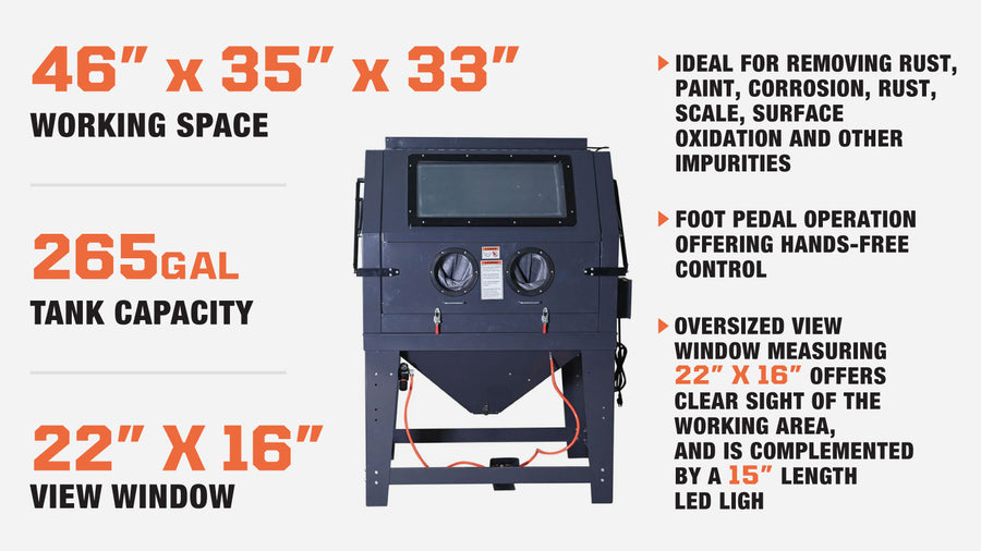 265 Gallon/990L Commercial Cabinet Sandblaster, Vacuum Filtration System, Oversized View Window, 125 PSI, 24 CFM, TMG-ABC99