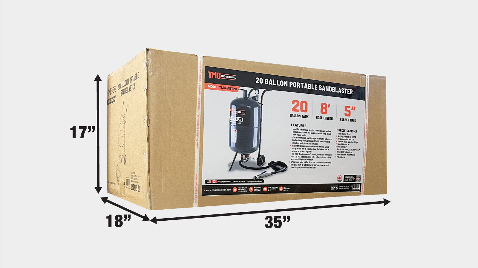 TMG Industrial 20 Gallon Portable Sandblaster, 125 PSI, 25 CFM, 8’ Hose, 5” Rubber Wheels, Filling Funnel, TMG-ABT20-shipping-info-image