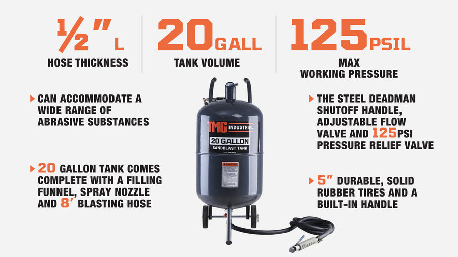 20 Gallon Pressure Abrasive Sandblasters, 6-25 CFM TMG-ABT20