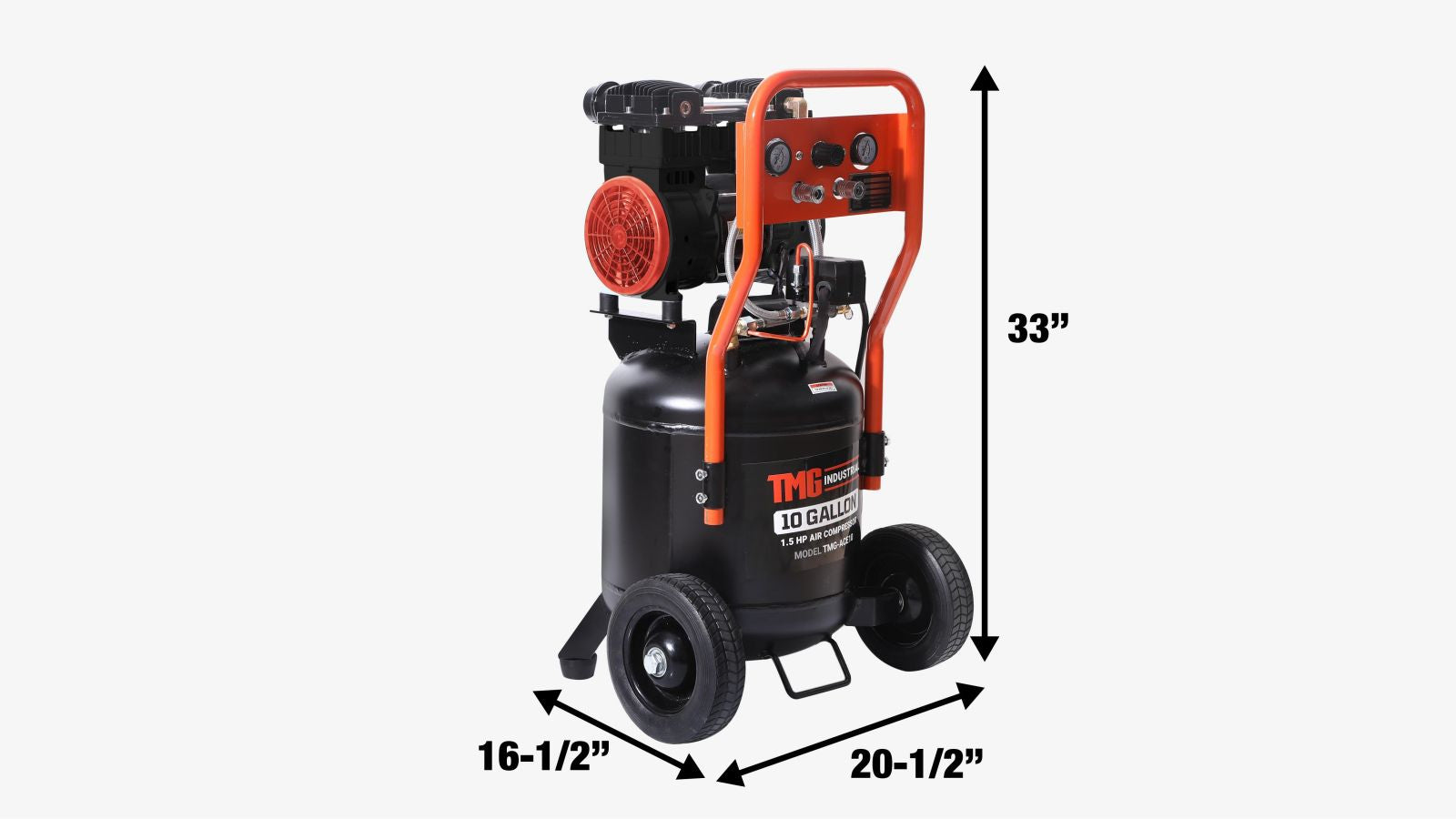 TMG Industrial 10 Gallon 1.5 HP Electric Air Compressor, Oil-Free Dual Piston Pump, 3 Min Fill Time, ASME Vertical Tank, TMG-ACE10-specifications-image
