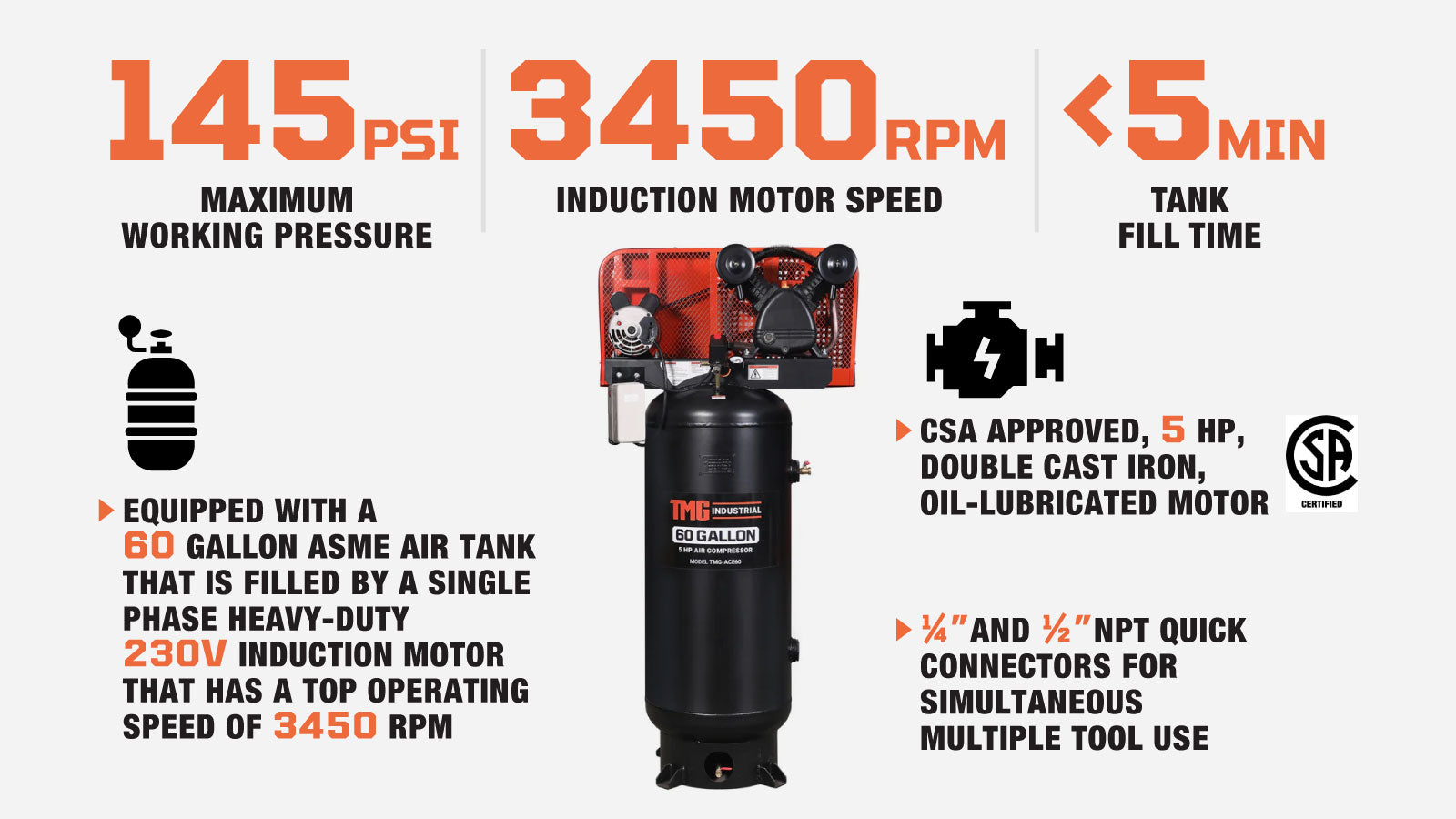 Compresseur d'air électrique stationnaire TMG Industrial 60 gallons 5 HP, temps de remplissage 5 min, moteur à induction 230 V, réservoir vertical ASME, TMG-ACE60-description-image