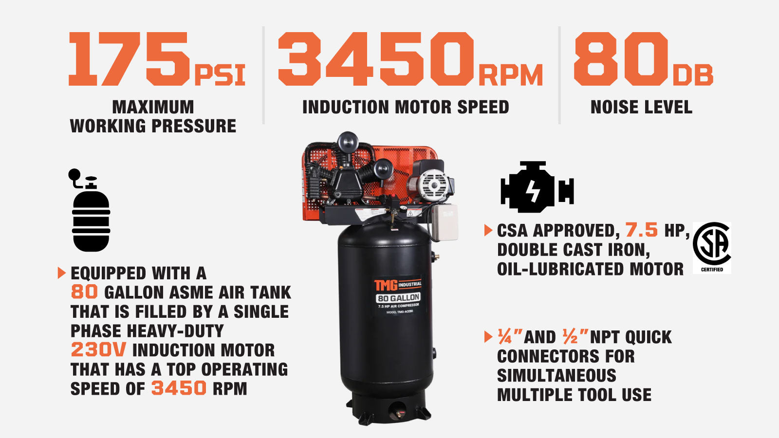 Compresseur d'air électrique stationnaire TMG Industrial 80 gallons 7,5 HP, temps de remplissage 6 min, moteur à induction 230 V, réservoir vertical ASME, TMG-ACE80-description-image