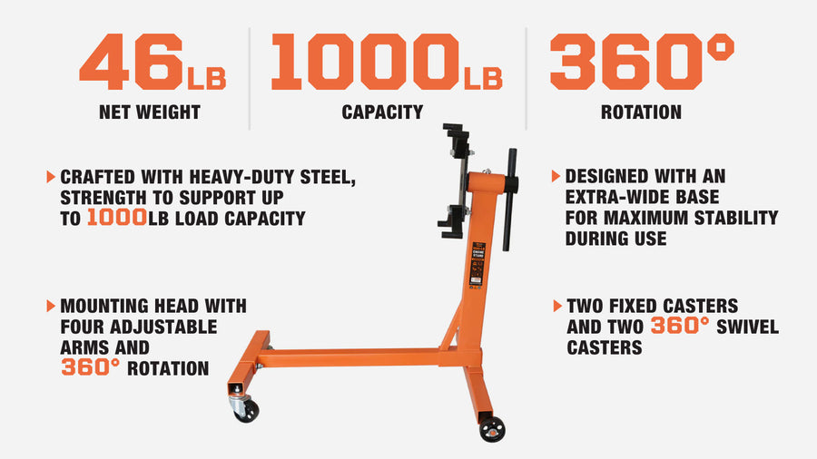 1000-lb Rotating Engine Stand, 4 Adjustable Arms, 360° Rotation, Fixed & Swivel Casters, TMG-AES10