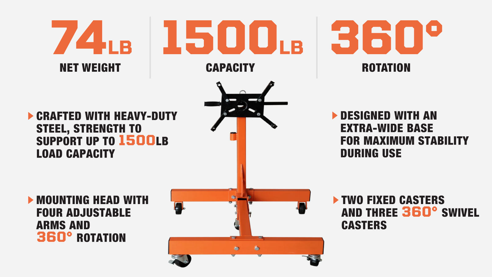 Support de moteur rotatif TMG Industrial 1500 lb, 4 bras réglables, rotation à 360°, roulettes fixes et pivotantes, TMG-AES15-description-image