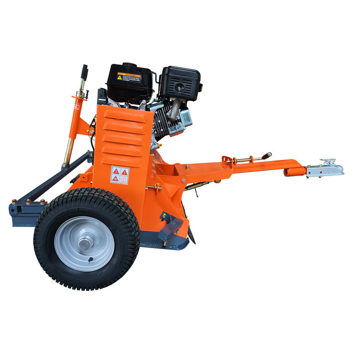 Left side profile showing hitch and wheel on ATV/UTV Tow Behind Flail Mower